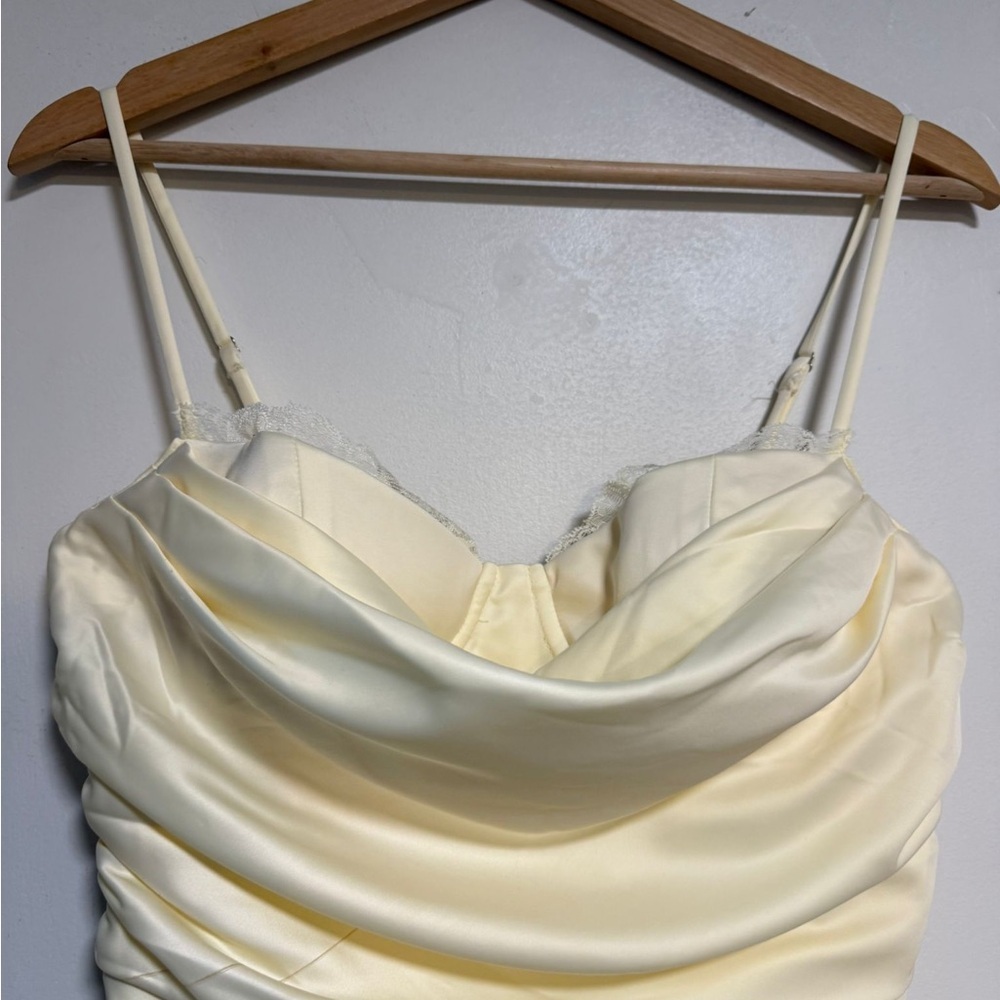 Oh Polly Satin Cowl Ruched Mini Dress – Oyster White (Size 10) - Picture 12 of 13